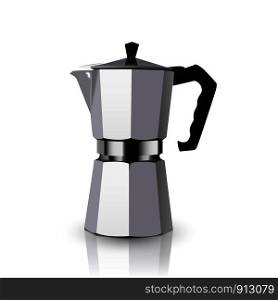 Italian metallic coffee maker isolated on white. Mocha coffee pot for making espresso coffee. Vector geyser coffee maker illustration.