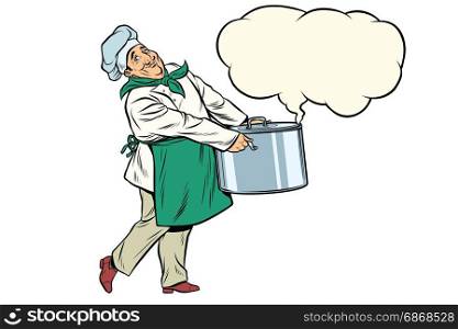 Italian or French chef holding a hot pot, cloud of steam. Pop art retro comic book vector illustration. Italian or French chef holding a hot pot, cloud of steam