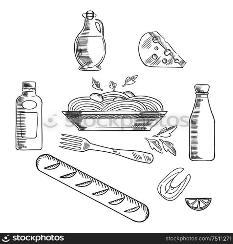 Italian pasta and food elements with traditional italian spaghetti, sauce and basil encircled by bottles of olive oil, tomato and mustard sauce, fork, cheese, ciabatta bread and salmon fish with lemon. Sketch of italian pasta and food