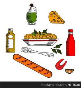 Italian pasta food icons design with italian spaghetti, sauce and basil encircled by bottles of olive oil, tomato and mustard sauces, fork, cheese, ciabatta bread and salmon fish. Italian pasta food with ingredients