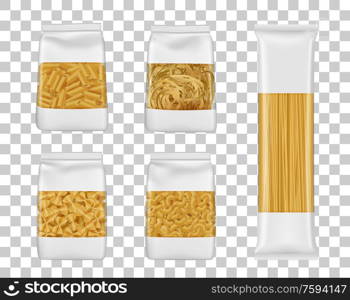 Italian pasta food package mockups. Foil or plastic bags with clear windows realistic vector Italian macaroni, spaghetti and farfalle packs, penne, elbow and tagliatelle packets. Italian spaghetti and penne pasta packages