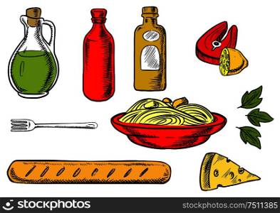 Italian pasta food with traditional italian spaghetti, sauce and basil encircled by bottles of olive oil, tomato and mustard sauces, fork, cheese, ciabatta bread and salmon fish with lemon. Italian pasta, ingredients and food