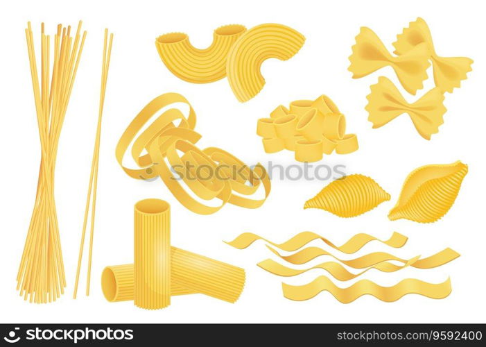 Italian pasta mega set in graphic flat design. Bundle elements of spaghetti, macaroni, noodle, farfalle, conchiglie, fettuccine and other uncooked product types. Vector illustration isolated objects