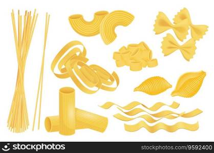 Italian pasta mega set in graphic flat design. Bundle elements of spaghetti, macaroni, noodle, farfalle, conchiglie, fettuccine and other uncooked product types. Vector illustration isolated objects
