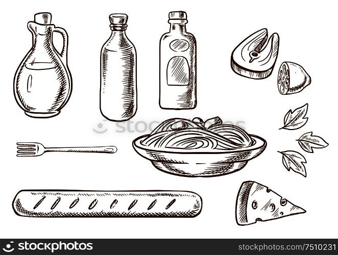 Italian pasta sketch design with italian spaghetti, sauce and basil encircled by bottles of olive oil, tomato and mustard sauces, fork, cheese, ciabatta bread and salmon fish with lemon. Sketch style. Sketch of talian pasta with ingredients