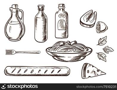 Italian pasta sketch design with italian spaghetti, sauce and basil encircled by bottles of olive oil, tomato and mustard sauces, fork, cheese, ciabatta bread and salmon fish with lemon. Sketch style. Sketch of talian pasta with ingredients