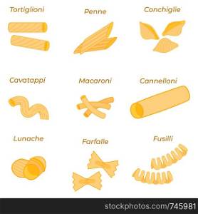 Italian pasta types. Vector illustration set of dry macaroni: tortiglioni, fusilli, conchiglie, cavatappi, farfalle, penne, macaroni, lunache, cannelloni isolated on white background