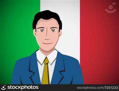Italian people, ahead of the flag. Portrait of manager in flat design. Vector cartoon