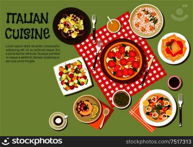 Italian picnic dishes icon with flat symbols of pizza, ravioli and mushroom risotto, warm octopus salad and seafood pasta topped with shrimps, mussels, squid and clams, vegetable salad with mozzarella and croutons, green olives and panna cotta dessert. Delicious picnic dishes of italian cuisine icon