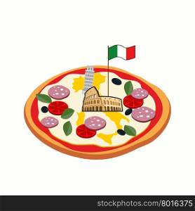 Italian pizza. Cheese in form of a silhouette map of Italy with Colosseum and flag.&#xA;
