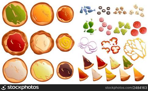 Italian pizza constructor with round dough base, different sauces and topping. Vector cartoon set of pizza ingredients, tomato, blue moldy cheese, pepper, pepperoni, olives, onion and spinach. Pizza constructor with dough base, sauces, topping