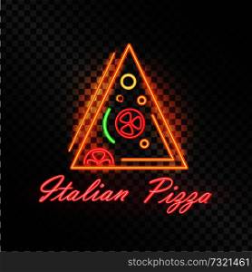 Italian pizza, faire food icon, vector illustration with orange lines and triangular piece of tasty snack, glowing pink text sample, isolated on black. Italian Pizza Flare Food Icon, Vector Illustration