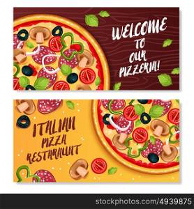 Italian Pizza Horizontal Banners . Italian pizza horizontal banners with advertising of restaurant and invitation to visit pizzeria flat vector illustration