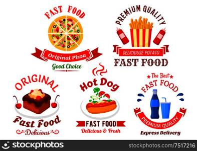 Italian pizza, hot dog, french fries, sweet soft drink and chocolate cake cartoon icons for fast food cafe, pizzeria and food delivery service design, decorated by ribbon banners and headers with stars. Fast food cafe and pizzeria cartoon icons