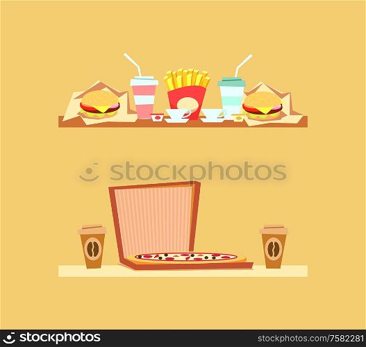 Italian pizza in carton box and coffee vector, burger and soda. French fries fried potatoes, cheeseburger and beverage poured in plastic cup fast food. Italian Pizza in Box and Coffee, Burger and Soda