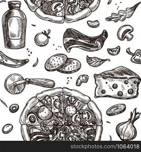 Italian pizza prepared dish and ingredients monochrome sketch outline vector seamless pattern of baked slices cheese and bacon meat product ketchup in plastic bottle knife and mushroom veggie.. Italian pizza prepared dish and ingredients monochrome sketch outline