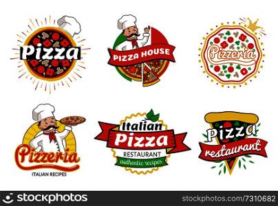 Italian pizza restaurant authentic recipes logos and emblems, pizzeria and pizza house, headlines and chef, collection isolated on vector illustration. Italian Pizza Restaurant Logos Vector Illustration