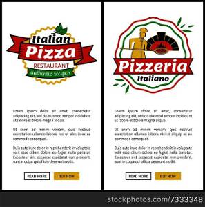 Italian pizza restaurant authentic recipes, set of web pages, pizzeria Italiano, pizza logotypes with text s&le and buttons vector illustration. Italian Pizza Restaurant Web Vector Illustration