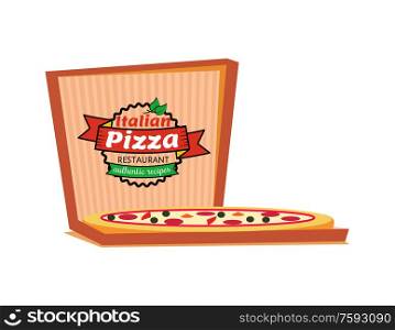 Italian pizza restaurant authentic recipes vector, isolated logo of cafe. Delivery and order of food in carton box, slices with salami and cheese logotype. Italian Pizza Restaurant Authentic Recipes Logo