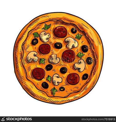 Italian pizza sketch with pepperoni sausage, black olive fruit, mushroom and basil. Pizzeria, italian cuisine restaurant, takeaway pizza box design. Italian pizza sketch for pizzeria and cafe design