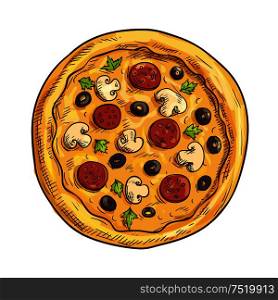 Italian pizza sketch with pepperoni sausage, black olive fruit, mushroom and basil. Pizzeria, italian cuisine restaurant, takeaway pizza box design. Italian pizza sketch for pizzeria and cafe design