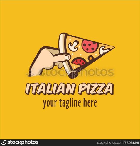 Italian pizza. Vector logo in a cartoon style. A slice of hot pizza with mushrooms, sausage, tomatoes and cheese in hand.