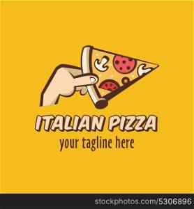 Italian pizza. Vector logo in a cartoon style. A slice of hot pizza with mushrooms, sausage, tomatoes and cheese in hand.