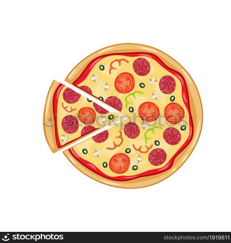Italian pizza with tomato, sausage, pepperoni and mushrooms. top view. pizza with slice. Vector illustration in flat style. Italian pizza with tomato, sausage