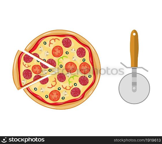Italian pizza with tomato, sausage, pepperoni and mushrooms. top view. pizza with slice. Pizza cutter. Vector illustration in flat style. Italian pizza with tomato, sausage