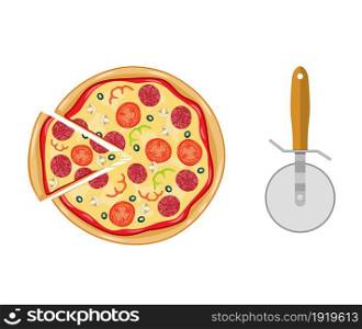 Italian pizza with tomato, sausage, pepperoni and mushrooms. top view. pizza with slice. Pizza cutter. Vector illustration in flat style. Italian pizza with tomato, sausage