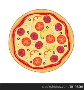 Italian pizza with tomato, sausage, pepperoni and mushrooms. top view. Vector illustration in flat style. Italian pizza with tomato, sausage