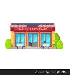 Italian restaurant building vector icon. Mediterranean cuisine cafe, bistro or bar building facade with glass windows, door and menu board stand, tables, chairs and flower pots on terrace. Italian restaurant building icon, cafe or bistro