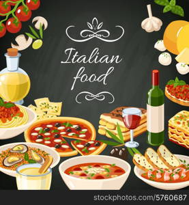 Italian restaurant food background with olives pasta garlic spaghetti pizza vector illustration. Italian Food Illustration