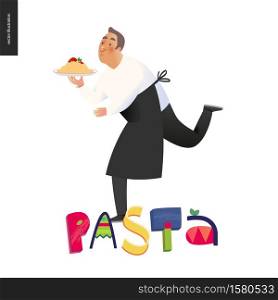 Italian restaurant set - a running waiter wearing the uniform holding a dish of pasta with red bolognese sauce and lettering Pasta, cartoon character. Italian restaurant set
