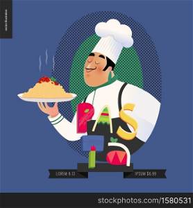 Italian restaurant set - italian restaurant logo with a cook enjoing the pasta smell and lettering Pasta, cartoon character. Italian restaurant set