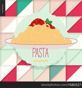 Italian restaurant set - pasta bolognese on the geometric background. Italian restaurant set