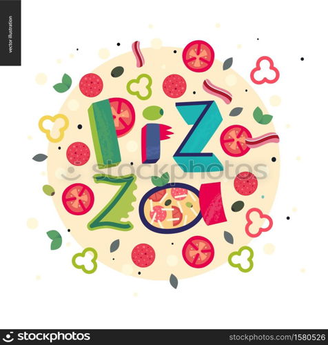 Italian restaurant set - pizza and lettering Pizza. Italian restaurant set