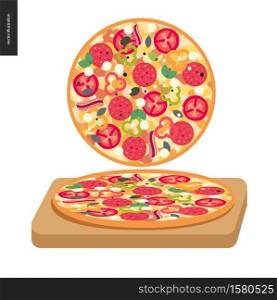 Italian restaurant set - pizza top view and pizza on a board. Italian restaurant set