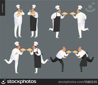 Italian restaurant set - set of cooks and waiters wearing the uniform holding a dish of pasta with red bolognese sauce, cartoon character. Italian restaurant set