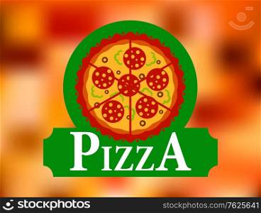 italian round colored pizza label on red tint blurred background for fast food restaurant design