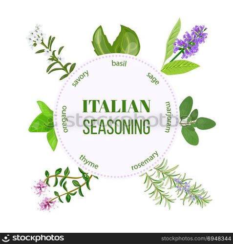 Italian seasoning. Vector. Italian seasoning traditional spice mix. Round emblem with type design for cosmetics, restaurant, store, market, natural health care products. Can be used as logo design, price tag, label, web