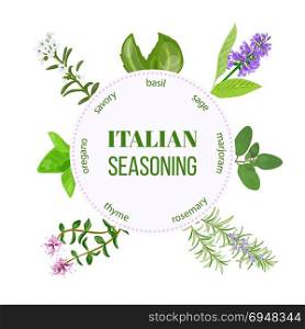Italian seasoning. Vector. Italian seasoning traditional spice mix. Round emblem with type design for cosmetics, restaurant, store, market, natural health care products. Can be used as logo design, price tag, label, web