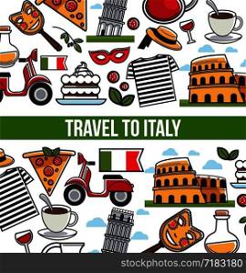 Italian symbols and text sample in block poster with headline. Tower and monumental architecture buildings, transportation in cities, traditional drinks food vector illustration isolated on blue. Italian symbols and text sample in block poster with headline.
