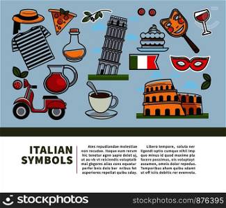 Italian symbols and text sample in block poster with headline. Tower and monumental architecture buildings, transportation in cities, traditional drinks food vector illustration isolated on blue. Italian symbols and text sample poster vector illustration