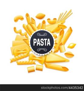 Italian Traditional Dry Pasta Realistic Pictogram . Italian traditional dry pasta varieties pictogram for product package label title or advertisement background realistic vector illustration