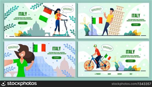 Italian Travel and Culinary Voyage Landing Page Set. Cartoon Flat People, Man and Woman Taking Photos and Selfie with Landmarks, Riding Eco Transport on Street. Vector Invitation Illustration. Italian Travel Culinary Voyage Landing Page Set