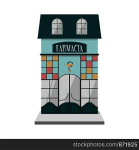 Italian vintage pharmacy exterior front view. Healthcare and medicine. Isolated flat vector illustration.. Italian vintage pharmacy exterior front view. Healthcare and medicine. Isolated flat vector illustration