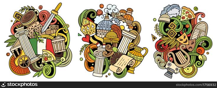 Italy cartoon vector doodle designs set. Colorful detailed compositions with lot of Italian objects and symbols. Isolated on white illustrations. Italy cartoon vector doodle designs set.