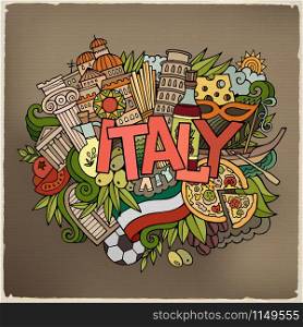Italy country hand lettering and doodles elements and symbols background. Vector hand drawn sketchy illustration. Italy country hand lettering and doodles elements
