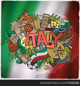 Italy country hand lettering and doodles elements and symbols emblem. Vector blurred flag background. Italy country hand lettering and doodles elements